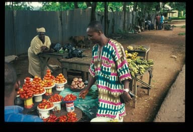 Table of tomatoes, peppers and plantain at a produce stall